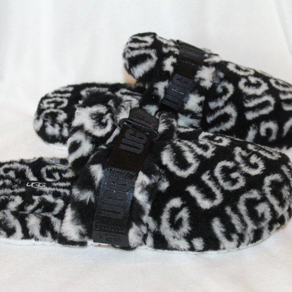 NIB UGG MEN\'S‎ FLUFF IT POP POLO FUR SLIPPERS BLACK WHITE main image 6